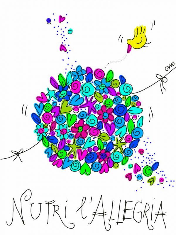 una palla piena di fiori e la scritta 'nutri l'allegria' stampa con disegno di una palla di fiori e un uccellino che li vola intorno