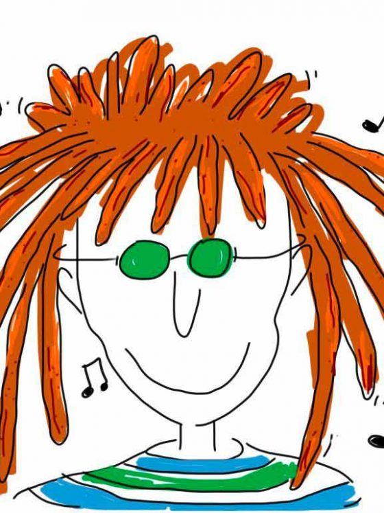 illustrazione del volto di una persona amante della musica cn occhiali verdi capelli rasta