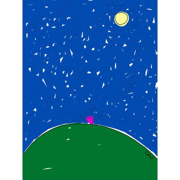 illustrazione con cielo stellato, la luna e un piccolo cuore