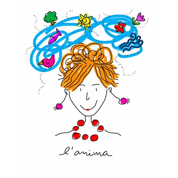 illustrazione di una donna con capelli arruffati, una collana rossa e sopra la sua testa una nuvola di oggetti